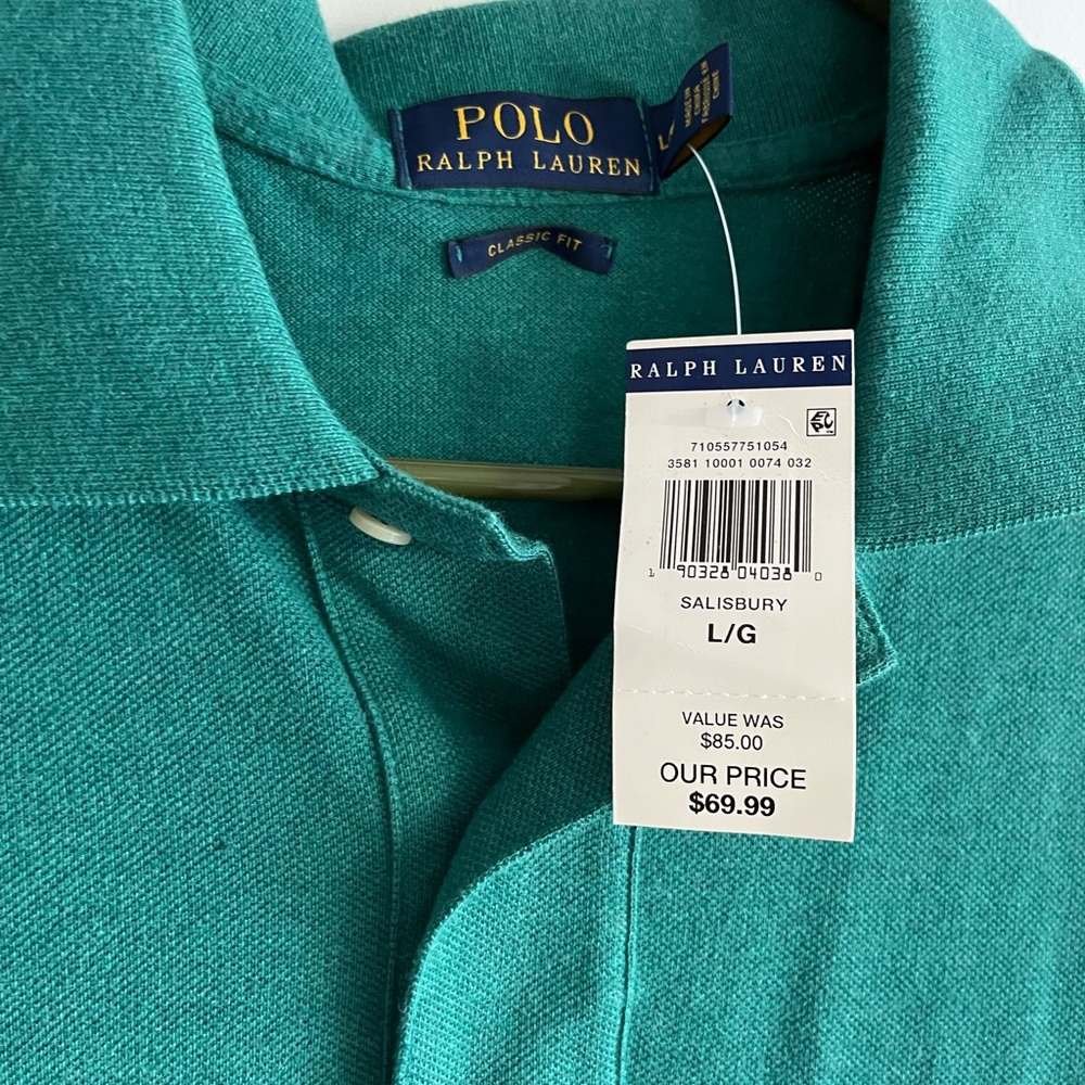 Never used men’s large classic fit, green and pink polo by polo Ralph Lauren